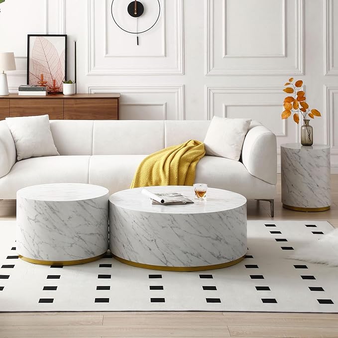 kevinplus White Side Table End Table for Living Room, Circle Wood, Faux Marble Grain, White & Gold (ø15.7'' x 19.6'')