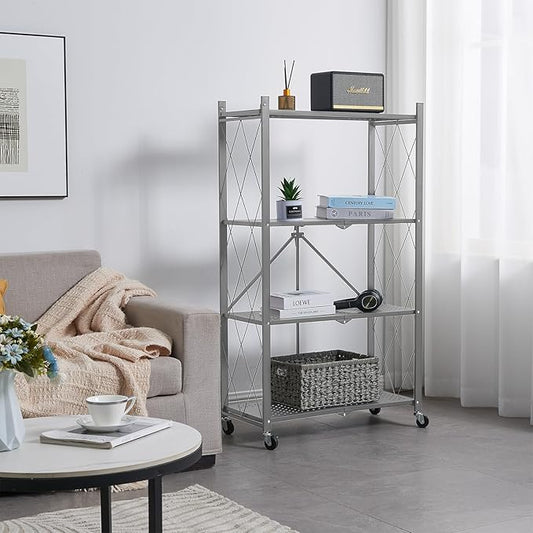 BRIAN & DANY 4-Shelf Foldable Storage Shelves with Wheels, Folding Metal Rack Shelving Unit, Heavy Duty No Assembly Organizer Shelf for Garage, Kitchen, Basement, Pantry, Gray-NeatNest