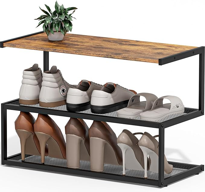 Shoe Rack, Unique 5-Shaped Free Standing Shoe Shelf, 3-Tier Wooden Shoe Organizer with Wooden Top and Steel Frame for Front Door Entrance, Entryway, Hallway, 24.41" D x 11.02" W x 16.14" H-NeatNest