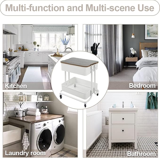 Melody House 2 Tier Metal Utility Rolling Cart Storage Organizer with Cover Board, Mobile Trolley Sofa Side Table with Wheels for Office Home Kitchen Organization, White