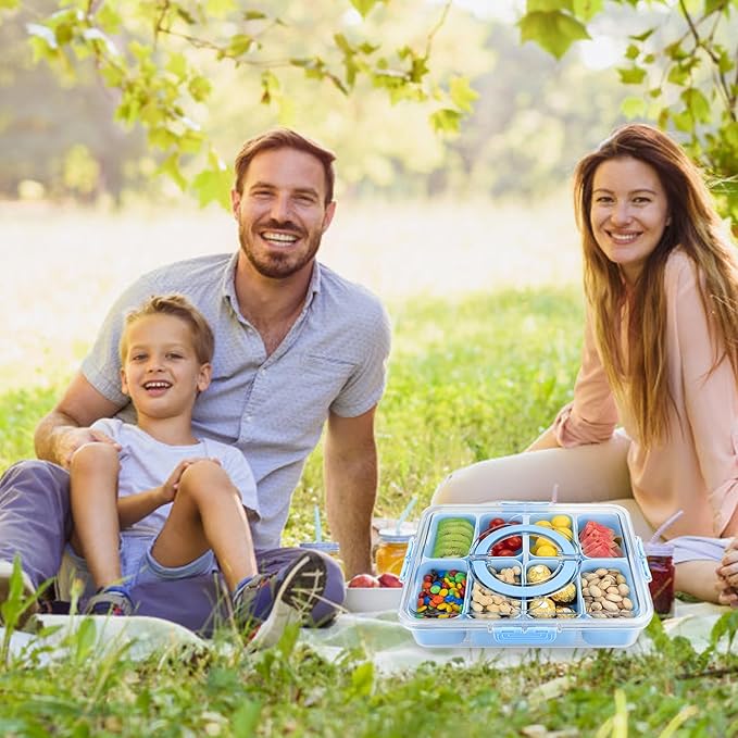 Divided Serving Tray with Lid and Handle,8 Compartments Snacks Box,Snack Fruit Veggie Tray,Portable Platter for Candy Fruits Nuts Snack Party Entertaining Picnic (Blue)-NeatNest
