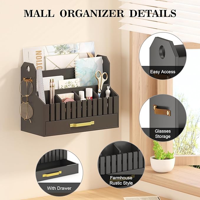 Bamboo Mail Organizer Countertop with Drawers, Wood Desk File Organizer Desktop Paper Organization Storage Bill & Letter Sorter Holder for School Home Office Supplies, No Assembly Required (Black)-NeatNest