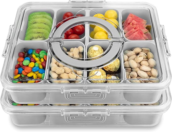 Divided Serving Tray with Lid and Handle,8 Compartments Snacks Box,Snack Fruit and Veggie Tray,Portable Platter for Candy Fruits Nuts Snack Party Entertaining Picnic (2 PCS Grey)-NeatNest