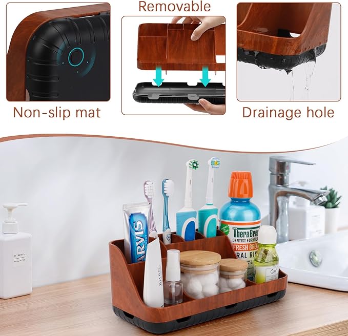 Bathroom Decor and Accessories - Detachable 7 Slots Kids Electric Toothbrush and Toothpaste Holde for Bathroom Tray Countertop Vanity Storage, Bathroom Sink Storage Organizer, Red Wood-NeatNest