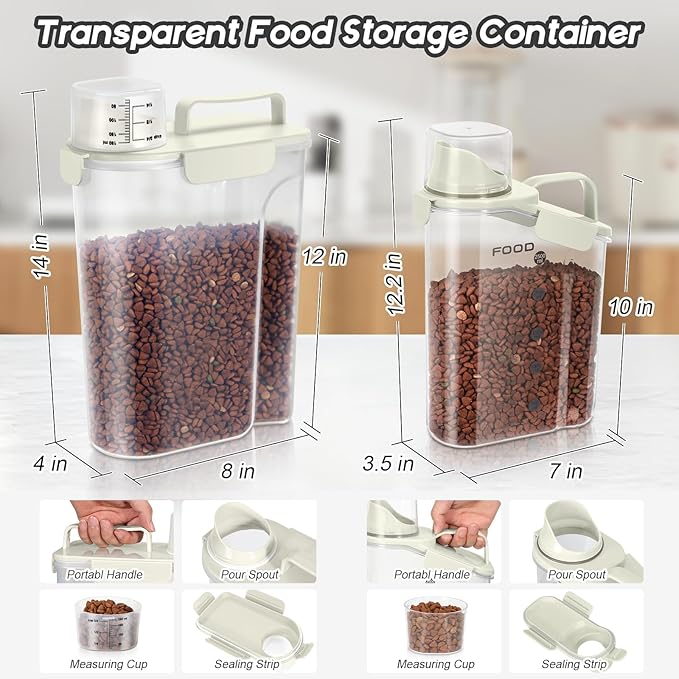 Dog Food Storage Container, Upgraded Large Nozzle BPA-free, 8-12 LBS Plastic Pet Food Storage Containers, With 4 Sealed Clasps, 1 Measuring Cup and Handle (2, Beige (3L+5L), (3L+5L))-NeatNest