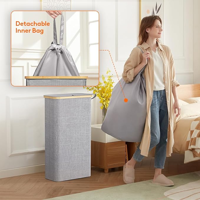 Lifewit 65L Slim Laundry Hamper with Lid, Narrow Laundry Basket with Removable Bag & Bamboo Handles, Fodable Thin Dirty Clothes Hamper for Laundry Collapsible Bin for Bathroom Bedroom Dorm, Gray-NeatNest