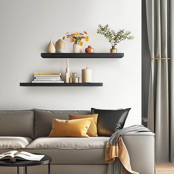 BAYKA Floating Shelves for Wall, 36 inches Long Wall Mounted Rustic Wood Shelves for Bathroom, Bedroom, Living Room, Kitchen, Office, Hanging Shelf for Books/Storage/Decor(Black,Set of 2)-NeatNest