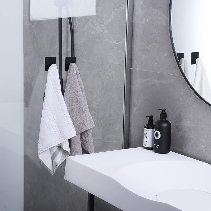 DELITON 8 Pack Adhesive Towel Hooks - Bathroom Towel Hooks/Wall Hooks for Hanging Coat Robe Stick on Bathroom or Kitchen Matte Black Stainless Steel-NeatNest