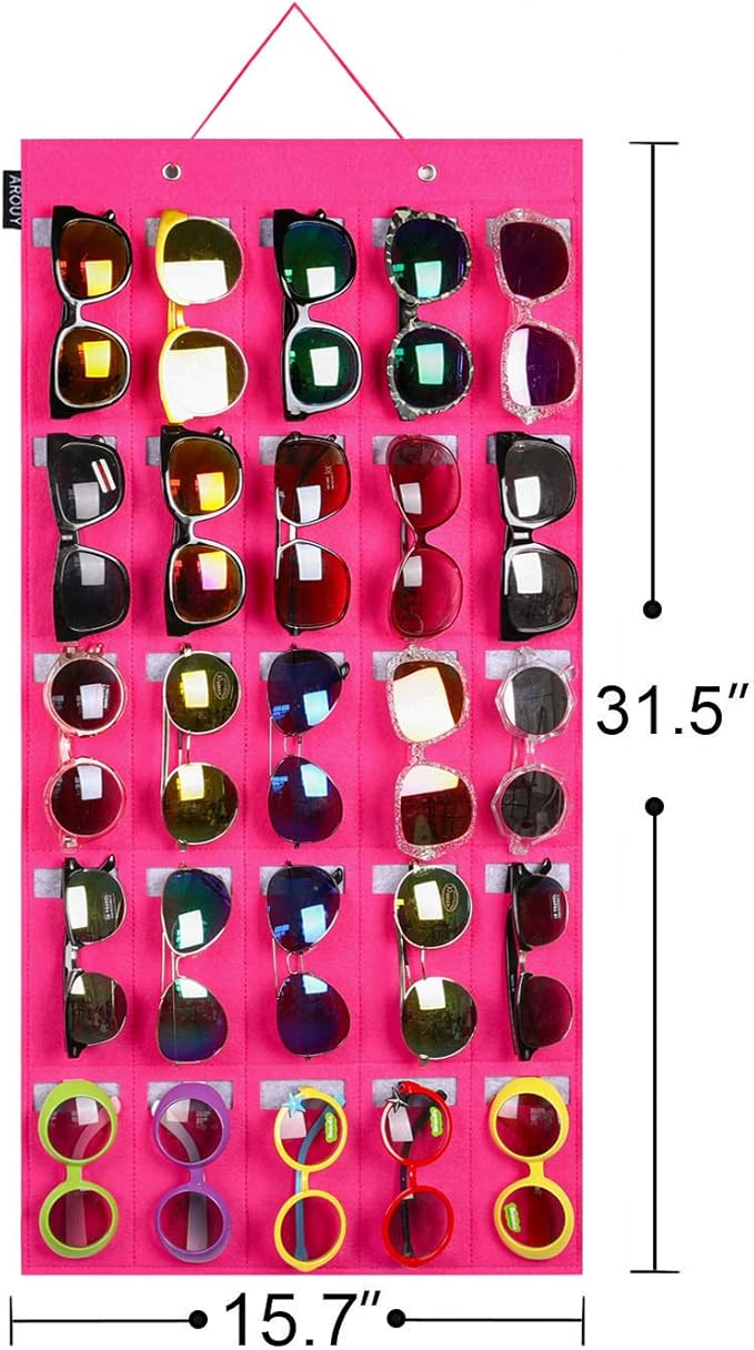 AROUY Sunglasses Organizer - Hanging Wall Pocket with 25 Felt Slots - Sturdy Rope (Large, Rose)-NeatNest
