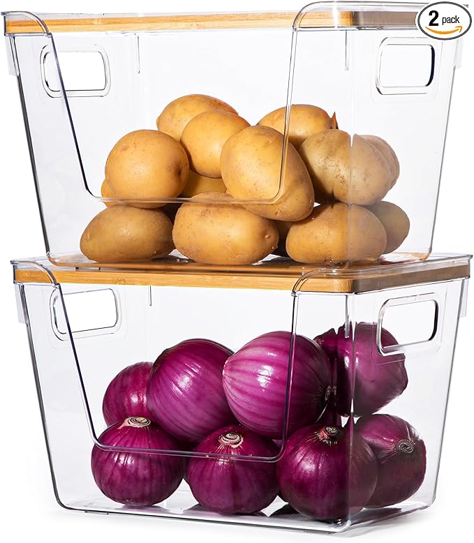 2 set Pantry Organizers and Storage,Stackable Onion Storage Potato Storage,Kitchen Laundry Organizers with Bamboo Top for Vegetable,Fruits, Snacks,Produce Clear