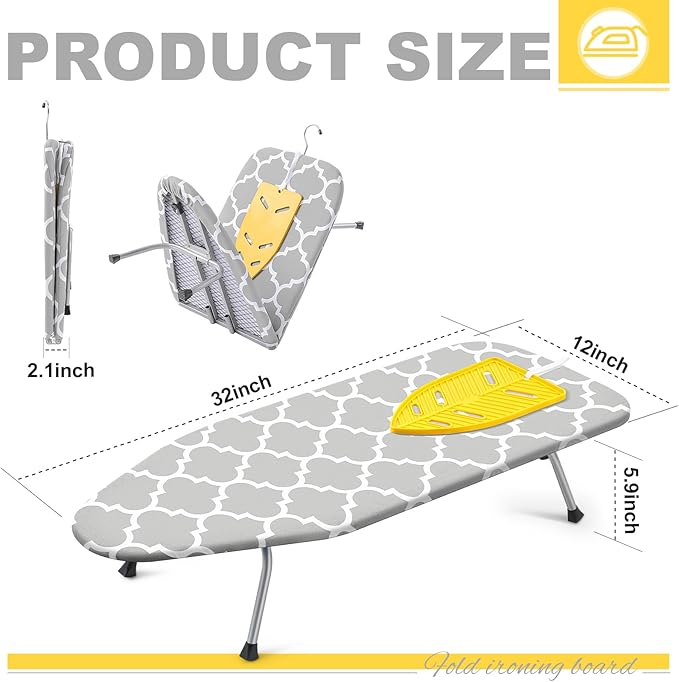 Chunful Tabletop Ironing Board with Iron Rest 32 x 12 Inch Small Compact Travel Foldable Ironing Board with Silicon Mat Portable Non Slip Feet Table for Dorm and Small Space(Fresh,Light Gray)