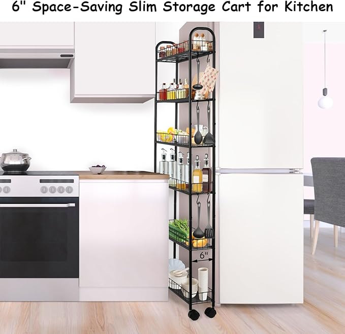 6 Tier Slim Storage Cart with Wheels Metal Rolling Organizer Utility Cart Narrow Mobile Shelving Unit Tiered Storage Shelf on Wheels for Kitchen Bathroom (Black, 6")