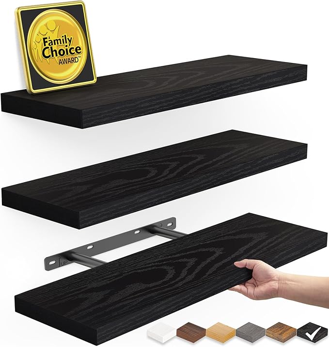BAYKA Floating Shelves for Wall, Wall Mounted Rustic Wood Shelves for Bathroom, Bedroom, Living Room, Kitchen, Hanging Shelf for Books/Storage/Room Decor with 22lbs Capacity (Black, Set of 3, 15.7in)-NeatNest