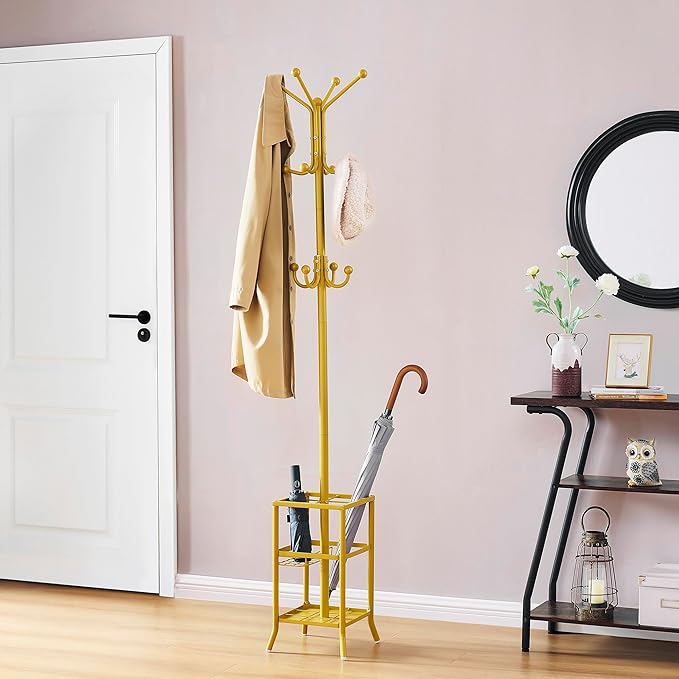 FAVOOSTY Coat Rack Freestanding,Coat Rack Stand with Umbrella Holder,Metal Coat Tree with 12 Hooks,Tree Clothes Hat for Entryway, Hallway, Bedroom, Living Room & Office -Glod-NeatNest