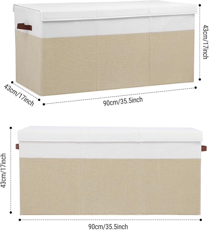 Extra Large Toy Storage Box with Lid, Sturdy Toys Storage Chest Bin Organizer Basket with Dividers for Kids, Boys, Girls, Nursery, Closet, Bedroom, Playroom 35.5"x17" x17" (Beige and White)-NeatNest