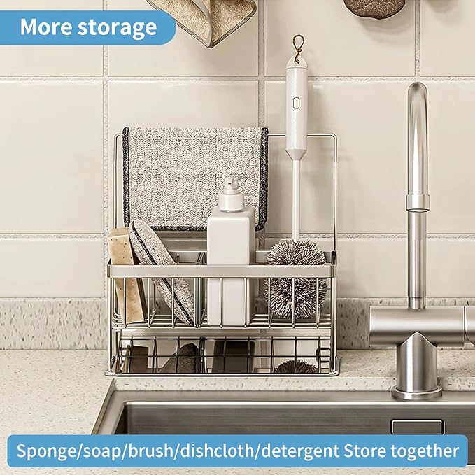 Kitchen Sink Caddy - Sponge Brush Holder with Removable Slope Drip Tray SUS304 Stainless Steel Rustproof Sink Rack-NeatNest