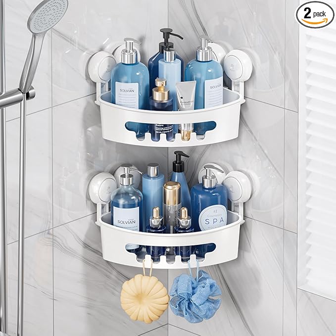 TAILI Suction Corner Shower Caddy, Bathroom Shelf Storage Basket Wall Mounted Organizer for Shampoo, Conditioner, Plastic Rack for Kitchen&Bathroom, Drill-Free Removable (2 Pack)