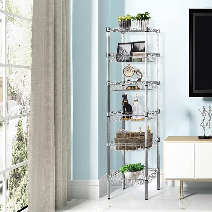 6 Tier Narrow Wire Shelving Unit with Basket, Adjustable Narrow Metal Shelf with Hooks, Tall Narrow Storage Shelves for Small Spaces, Bathroom, Laundry, Kitchen, 13.5"D X 13.5"W X 63"H, Silver