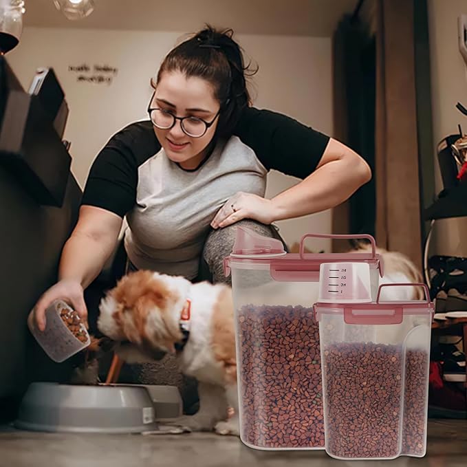 Dog Food Storage Container, Upgraded Large Nozzle BPA-free, 8-12 LBS Plastic Pet Food Storage Containers, With 4 Sealed Clasps, 1 Measuring Cup and Handle (2, Clear Pink, (3L+5L))-NeatNest