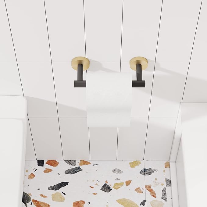 Black and Gold Toilet Paper Holder SUS304 Stainless Steel Double Post Pivoting Toilet Paper Roll Holder Wall Mounted Tissue Holder for Commercial Bathroom RV Matte Black & Brushed Brass Finish-NeatNest
