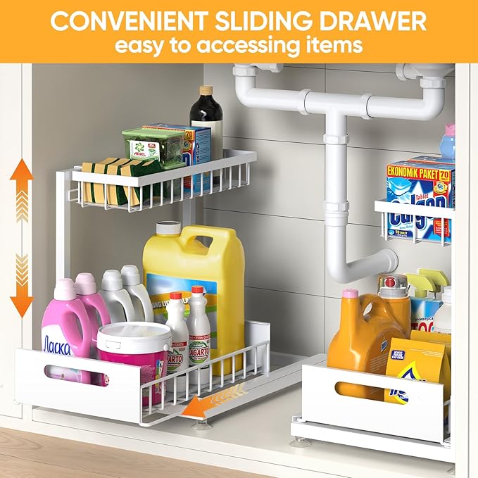 2 Pack Under Sink Organizer Storage 2-Tier Premium Metal Pull-Out Racks, Height Adjustable, Easy Installation | Kitchen & Bathroom Organizers White-NeatNest