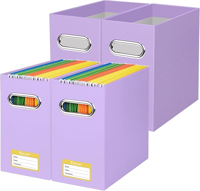 BALEINE File Organizer Box, Cardboard File Folder Organizer with Handle for Letter Size, Portable Collapsible Hanging Filing Box for Home Office Document Storage (4 Pack, Lavender)-NeatNest