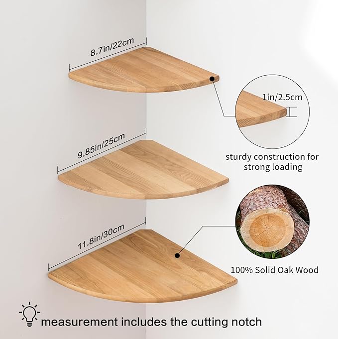 Corner Shelves, Floating Corner Shelf, Set of 3 Solid Oak Wood Corner Wall Shelves, Round End with Wire Hole Shelving for Small Plant for Bedroom Kitchen, Living Room (Size 9/10/12in)-NeatNest