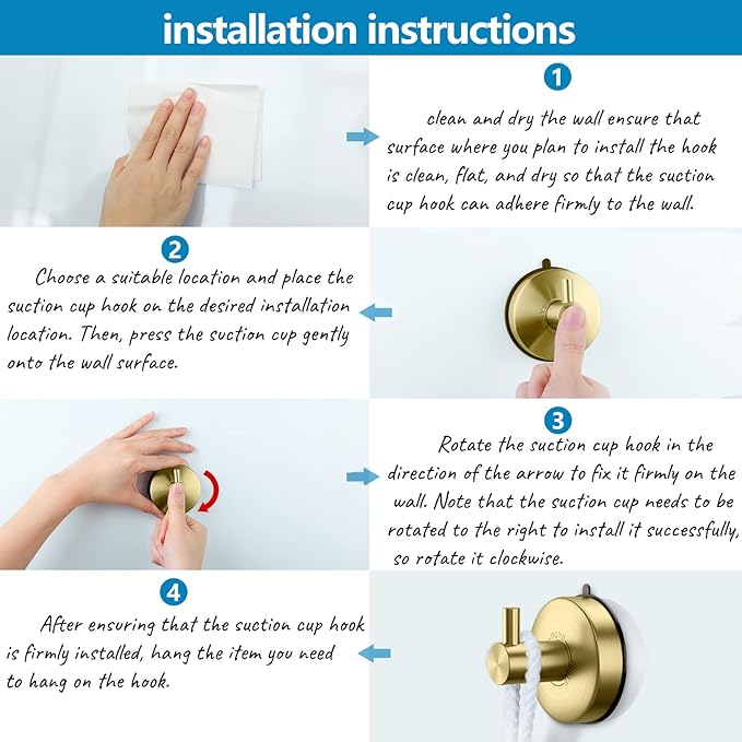 DGYB Suction Cup Hooks for Shower Set of 4 Gold Towel Hooks for Bathrooms SUS 304 Stainless Steel Shower Hooks for Loofah 15 Lb Bathroom Hooks for Towels-NeatNest