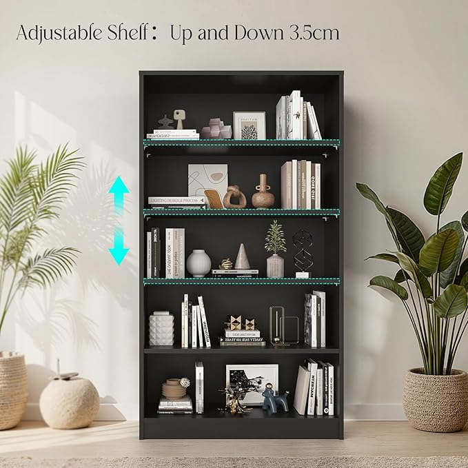 Farini 60 Inch Tall 5-Shelf Bookcase, Wood Bookshelf Storage Organizer Adjustable Shelf for Home Office, Study Room, Easy Assembly,Black
