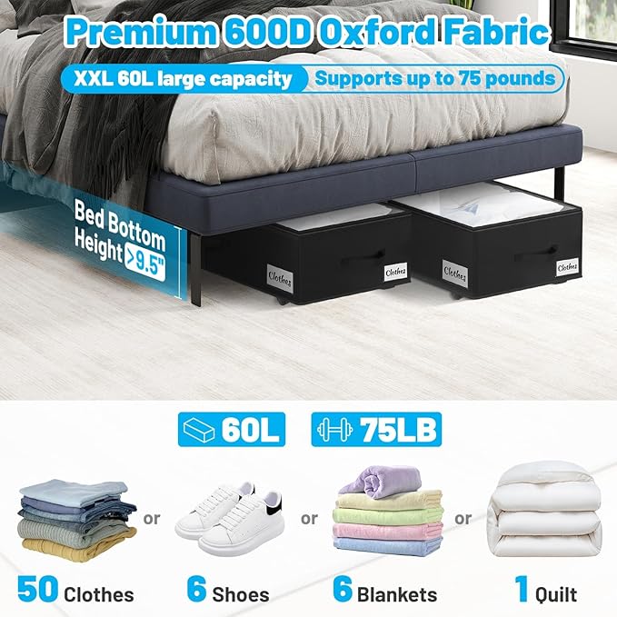 2 Pack Under Bed Storage with Wheels 10" Height, Rolling Storage Bins XXL 60L, Underbed Shoe Storage Containers with Label & Clear Lid, Dorm Under bed Drawers for Clothes, Shoes, Quick Assembly, Black-NeatNest