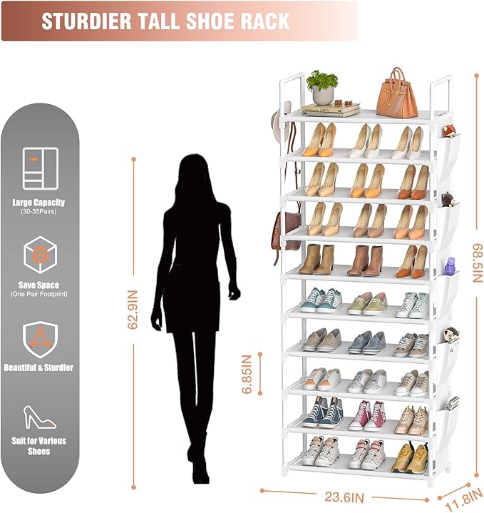 Tall Shoe Rack 10 Tier Shoe Racks Organizer for Closet 30-35Pairs,Large Capacity Storage Rack for Shoes with 5Hooks and Side Pocket,Sturdy Metal Shoe Shelf, Vertical Shoe Stand Tower-NeatNest