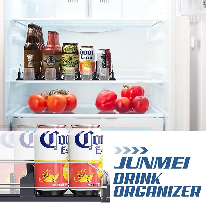 Drink Organizer for Fridge,12oz 16oz 20oz - Soda Can Dispenser for Refrigerator,Width Adjustable,Automatic Pusher Glide (Black, 15"D 3ROW, Holds 15 Cans)