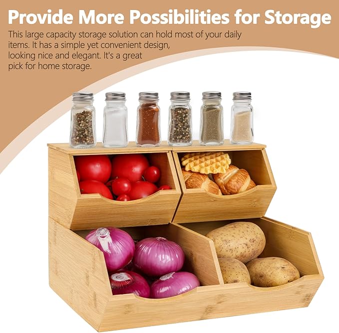 Bamboo Pantry Storage Bins with Lid - Stackable Baskets, Potato and Onion Storage, Wood Storage Bins for Pantry Baskets Organization and Storage, Kitchen Essential, Set 3 Pieces
