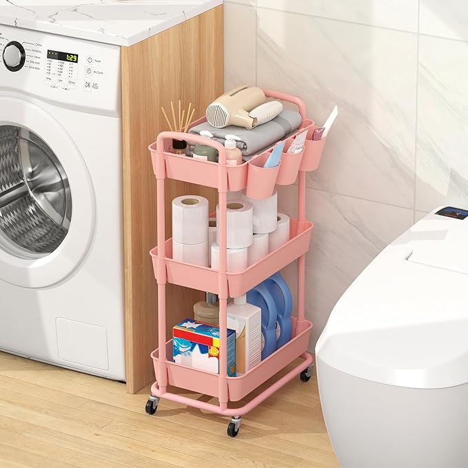 JIUYOTREE 3-Tier Plastic Rolling Storage Cart Utility Cart with Extra Hanging Cups Handles Lockable Wheels for Living Room Bathroom Kitchen Office Pink-NeatNest