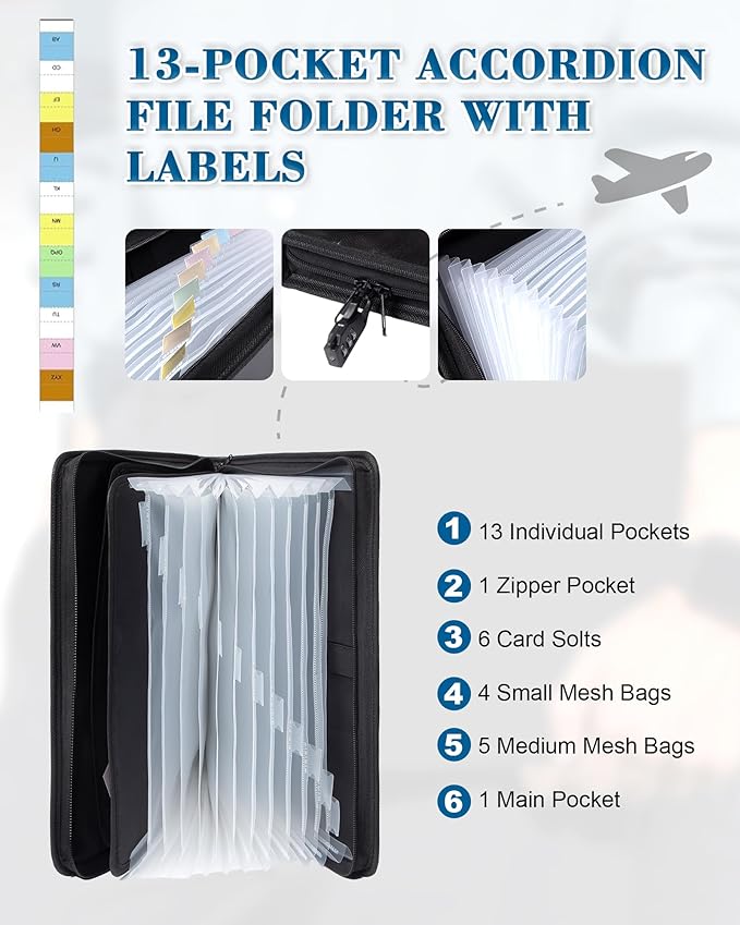 Fireproof Important Document Organizer Folio - Accordion File Organizer, 13 Pocket Expanding File Folder with Labels,Safe Holder and Organizer for Birth Certificate,Paper,Receipt,Bill,etc.
