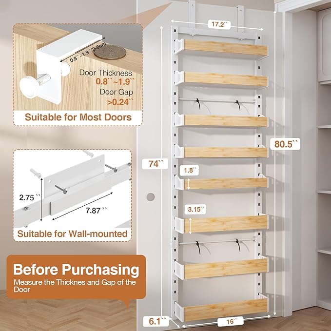 8-Tier Over The Door Pantry Organizer, Heavy-Duty Metal Wall Mount or Hanging Spice Rack, behind the door storage Shelves with Adjustable Basket, Back of Door Organizer for Kitchen Cabinet and Closet