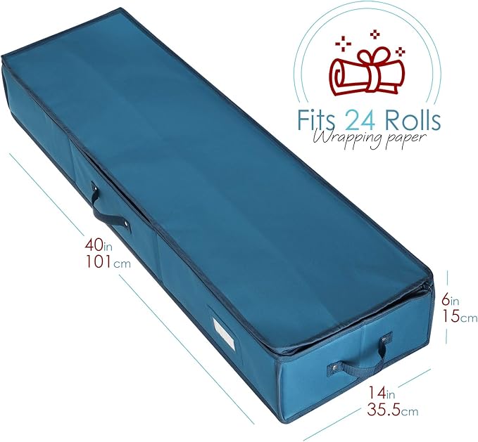 Hearth & Harbor Wrapping Paper Storage Container and Clear Wrap Paper Holder - Christmas Storage Bag with Interior Pockets - Fits Up to 36 Rolls of 40" - Tear Proof, Blue-NeatNest
