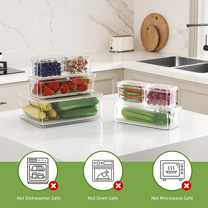 Refrigerator Organizers and Storage, 7 Pack Stackable Clear Drawer Storage Containers and Bins with Lids for Salad Bar, Fruits, Vegetables, Food, Produce, Kitchen and Fridge Organization