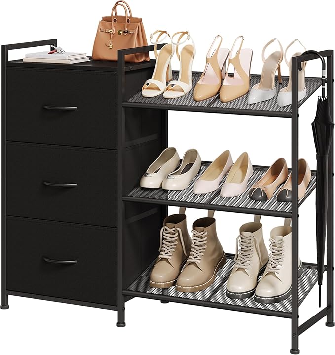 Somdot Shoe Rack, 3 Tier Shoe Organizer with 3 Drawers, Metal Shoe Storage Shelf for 6-9 Pairs of Shoes, Narrow Shoe Rack for entryway, Black-NeatNest