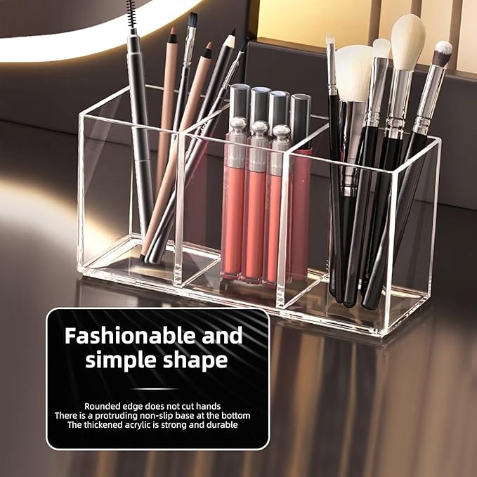 Acrylic Makeup Brush Holder, 2 Pack Clear Pencil Holder, Desk Accessories Holder with 3 Compartments, Brush Organizer for Vanity, Desk, Cosmetic Display-NeatNest