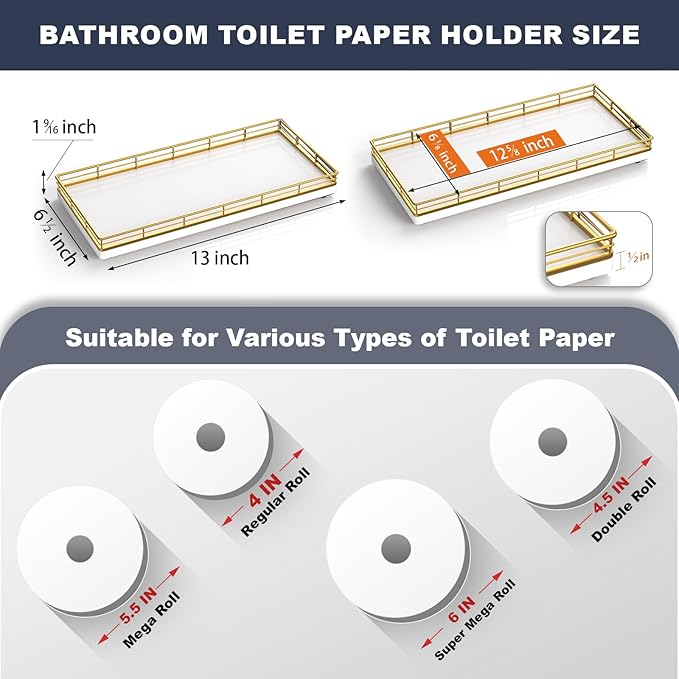Bathroom Toilet Tank Tray, 13" Wood Toilet Paper Storage Basket Tray Back of Toilet Basket Organizer,Vanity Tray for Perfume Makeup Candle Decor, Gold & White-NeatNest