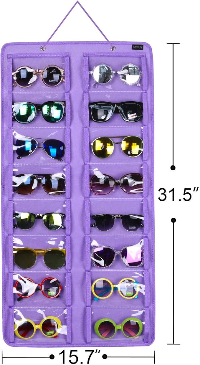 AROUY Sunglasses Organizer Storage, Hanging Dust Proof Wall Pocket Glasses Organizer - 16 Felt Slots Sunglass Organizer Holder with Metal Hook and Sturdy Rope (Dust Proof, Purple)-NeatNest