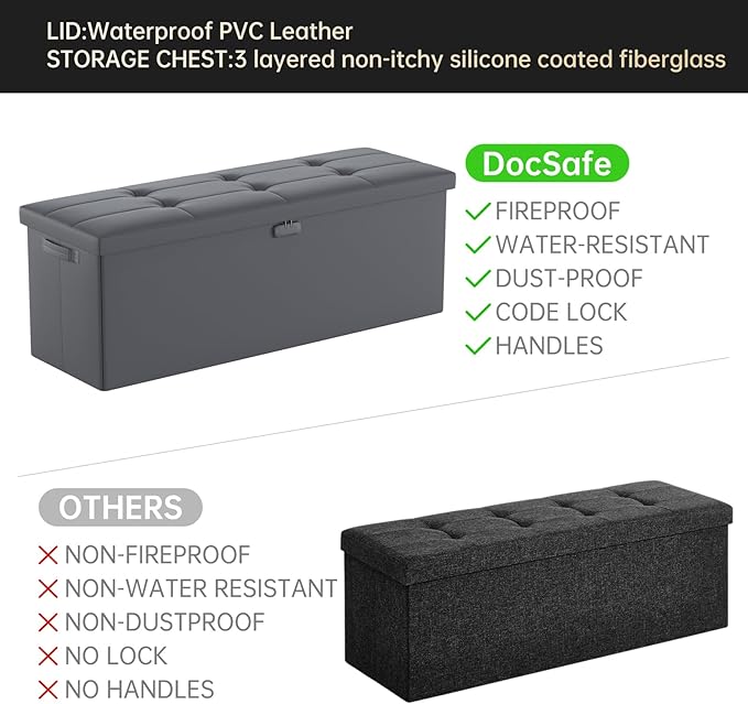 DocSafe Storage Ottoman Bench, Fireproof&Waterproof Folding Bench with Lock(15”x 43”x15”), Leather Storage Chest with Handles&2 Extra Boxes, Ottoman Safe for Bedroom,Living Room,Home Office, Gray-NeatNest
