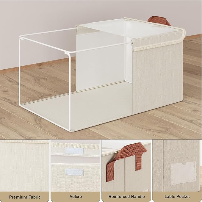 AARAINBOW Metal Frame Clothes Organizer Bins, Stackable Fabric Storage Bins with Lids, 4 Packs Fabric Boxes Foldable Closet Container for Clothes Toys, 23L (B White)-NeatNest