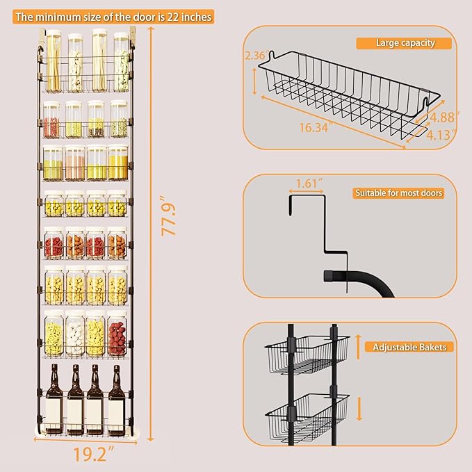 Over The Door Pantry Organizers, Pantry Door Organizer and Storage with Adjustable Baskets,Heavy-Duty Metal Spice Rack,Over The Door Organizers for Kitchen,Bathroom (Black, 8tier)
