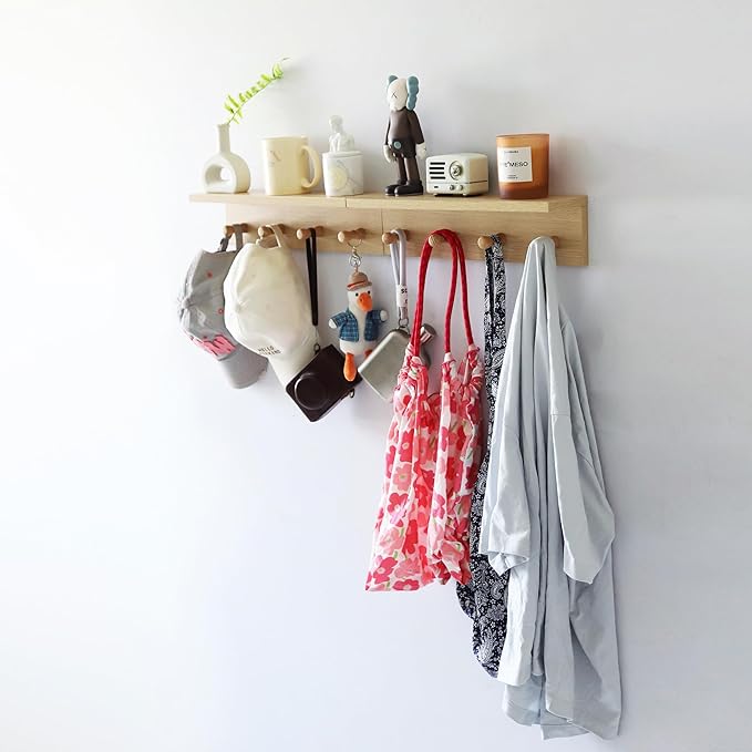 Entrance Coat Rack ,Coat Hooks, Wall-Mounted Wooden Hook Rack, Wall-Mounted Shelves are Very Suitable (Oak Colored Finish-2)