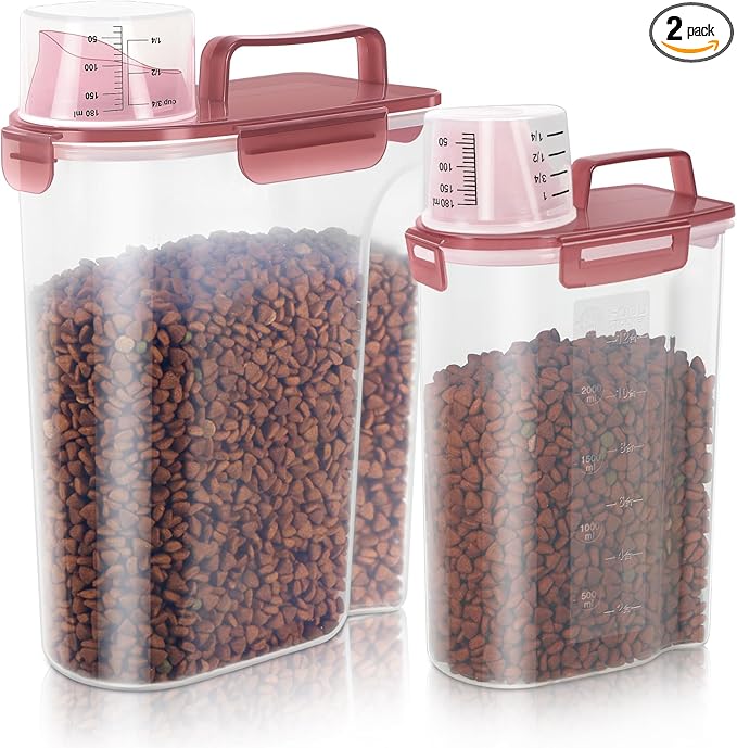 Dog Food Storage Container, Upgraded Large Nozzle BPA-free, 8-12 LBS Plastic Pet Food Storage Containers, With 4 Sealed Clasps, 1 Measuring Cup and Handle (2, Clear Pink, (3L+5L))-NeatNest