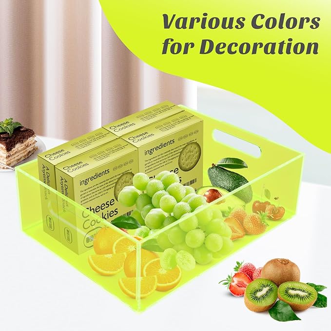 Acrylic Storage Bin Pantry Storage Container with Handles Kitchen Organizer Bin for Cabinet Cupboard Organization, Heavy Duty, 12.6 x 9.4 x 4'', Neon Green