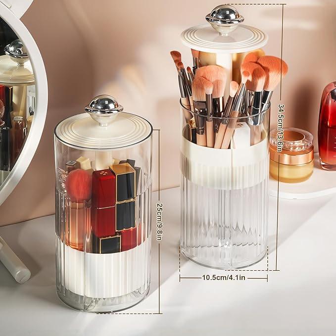 2 Pack Makeup Brush Holder with Lid Automatic Lifting Makeup Brush Organizer with Lid Dustproof & Waterproof 4-Compartment Clear Makeup Organizer for Vanity,Office,School,Dorm Room,Silver+Silver-NeatNest