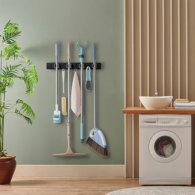 Black Mop Broom Holder Wall Mount with 4 Slots & 4 Hooks - Rustic Wood Broom Mop Hanger for Pantry Closet Laundry Room Organization - Heavy Duty Garden Tool Organizer - Black Kitchen Decor-NeatNest